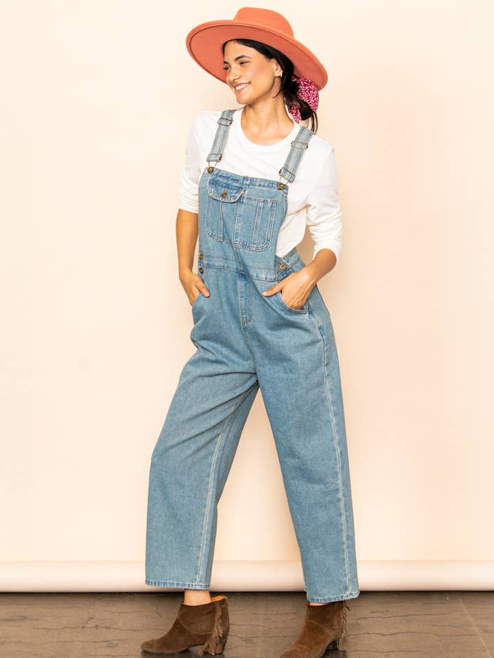 Mom Fit Vintage Wash Blue Denim Overalls for wholesale on Faire