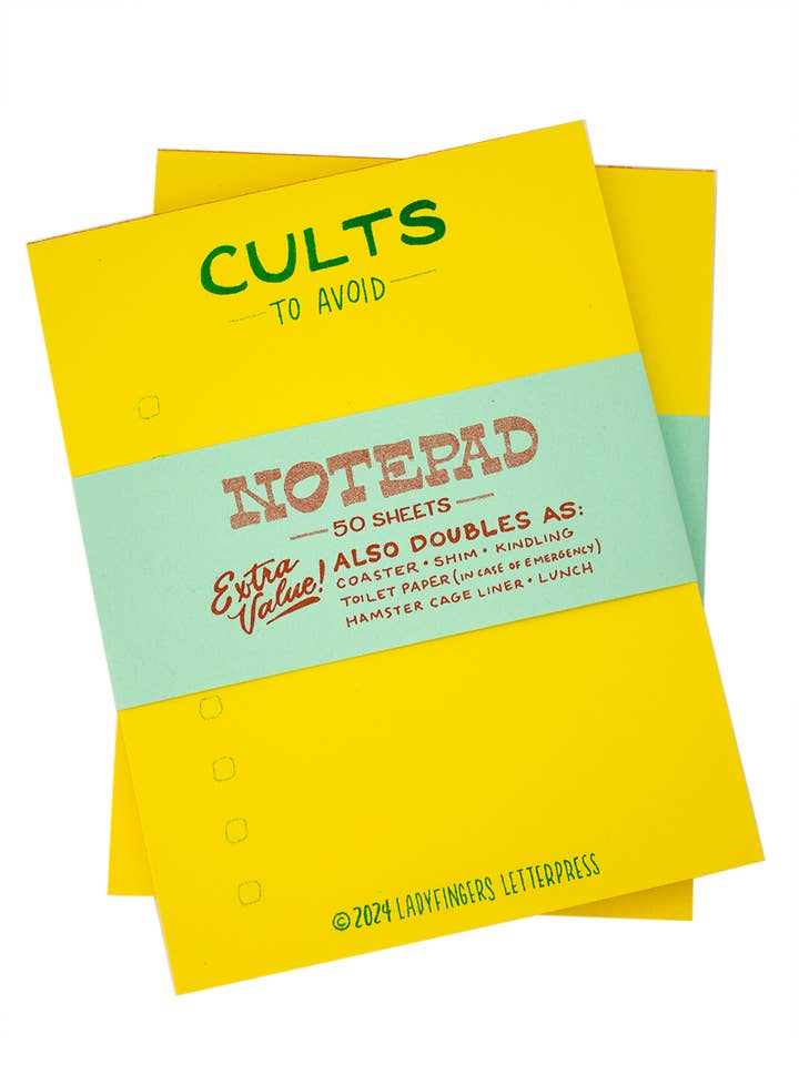Cults to Avoid Risograph Notepad for wholesale by Ladyfingers Letterpress