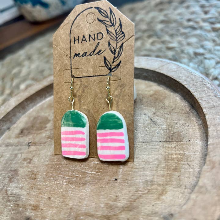 Handmade Clay Earrings - Arch Buoy Pink and Green Buoy for wholesale by Keely Siebenthal Art & Designs