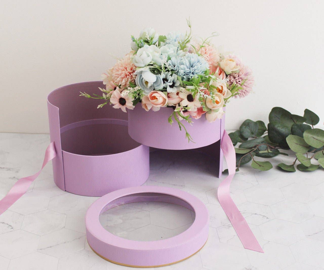 Elegant Design Supply – Engroshandel Gaveæske – To lag rund blomsterkasse med klart låg14