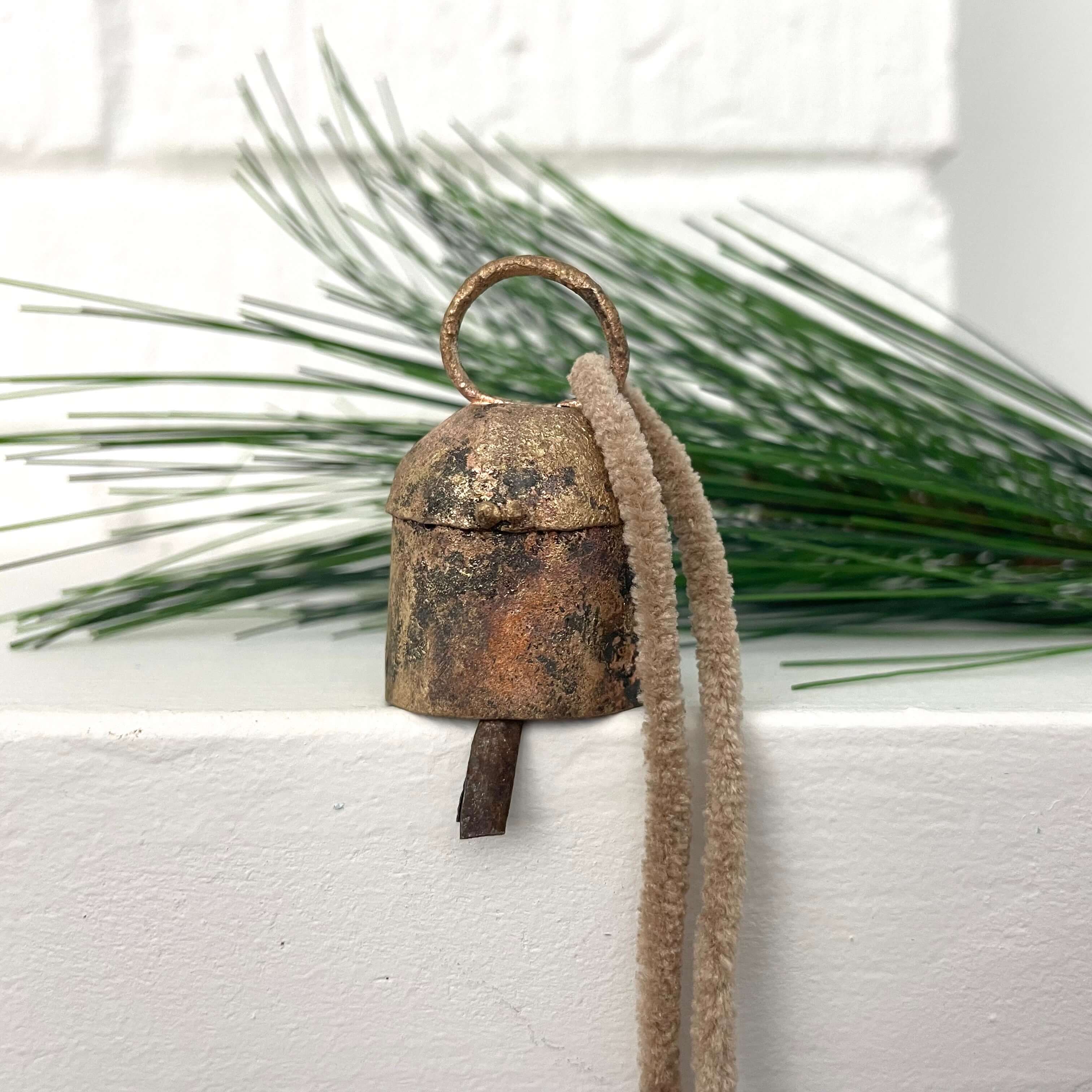 fort & field - Wholesale Ornament - 1 3/4" rounded tin brass bell rustic ornament jute twine9