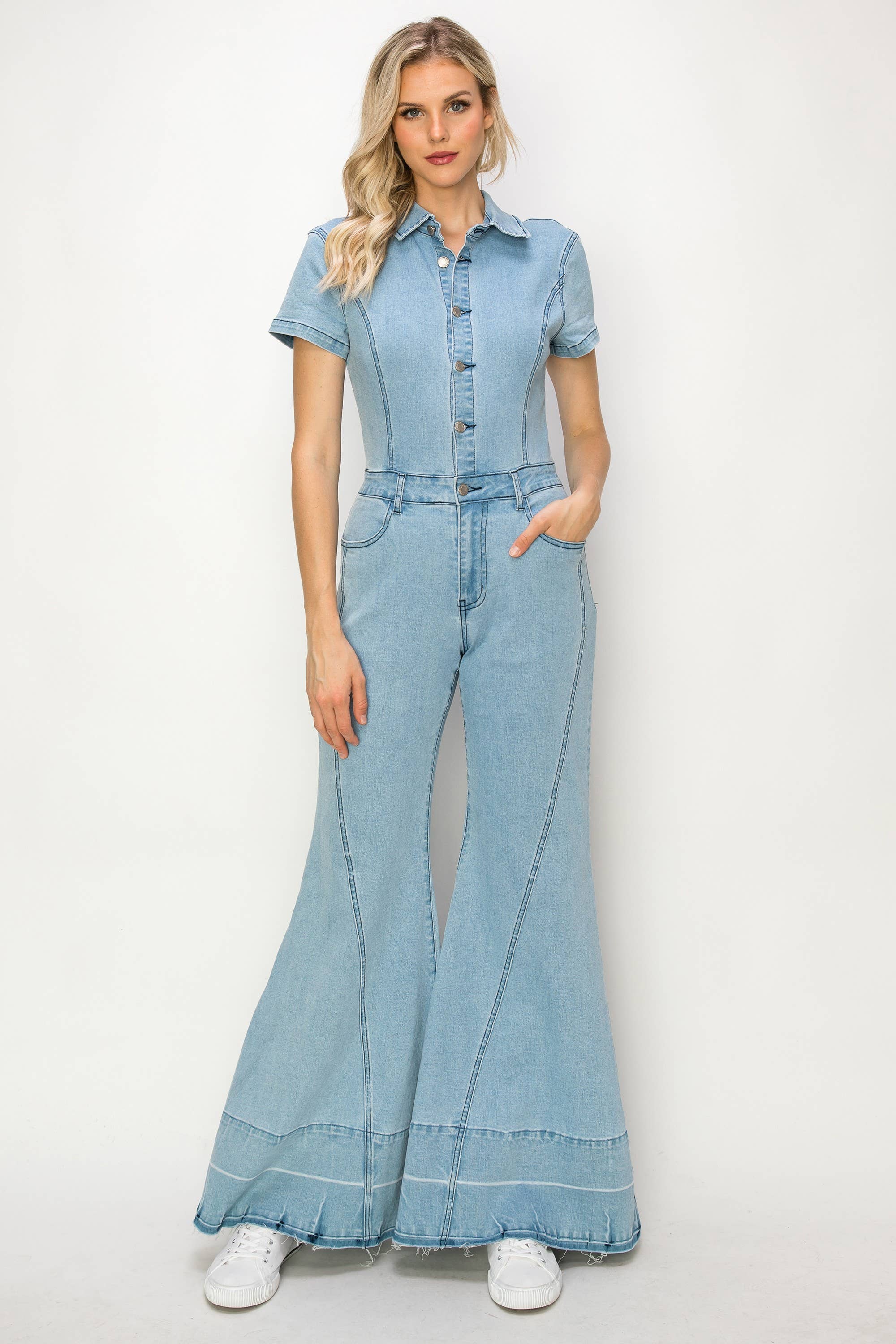 WIDE LEG DENIM JUMPSUIT - LT DENIM 4440 for wholesale on Faire5