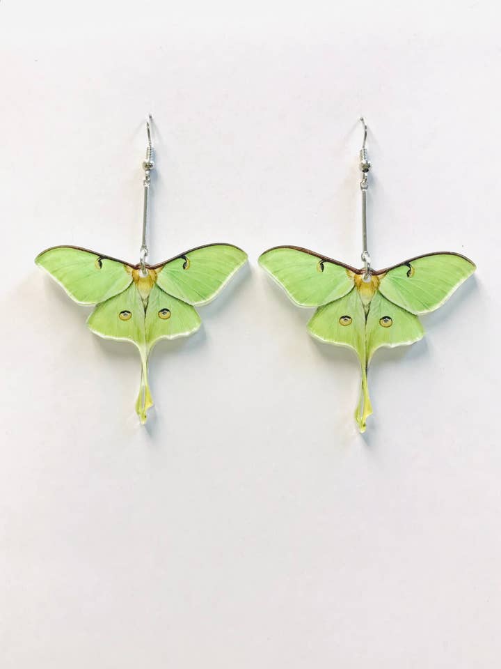 Acrylic Green Luna Moth Earrings LONG BAR Dangle Earrings for wholesale by SimpleNGreat