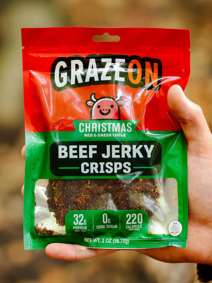 GrazeOn Christmas Beef Jerky Crisps- High Protein, No Sugar, Crunchy Air-Dried Meat Snack, All-Natural - 2.0 oz for wholesale by GrazeOn