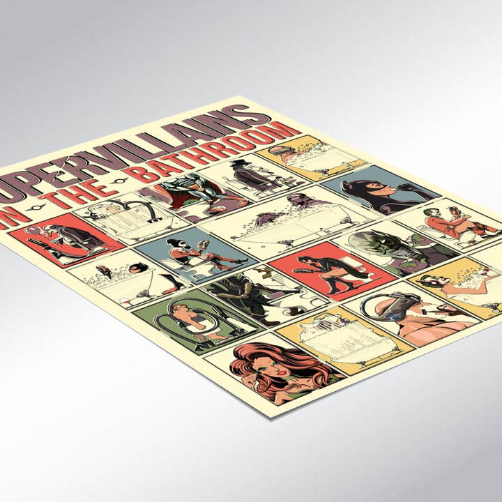 In The Washroom - Vente Poster - Affiche de bain humoristique « Supervilains dans la salle de bain ».2