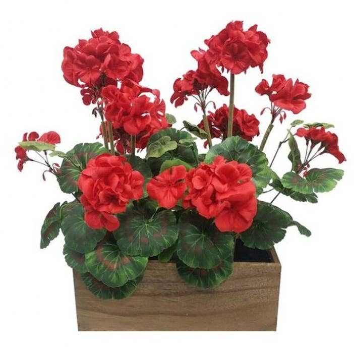 Will's Company - Wholesale Artificial Flowers - Red Geranium in Wood Pot - 18.5"0