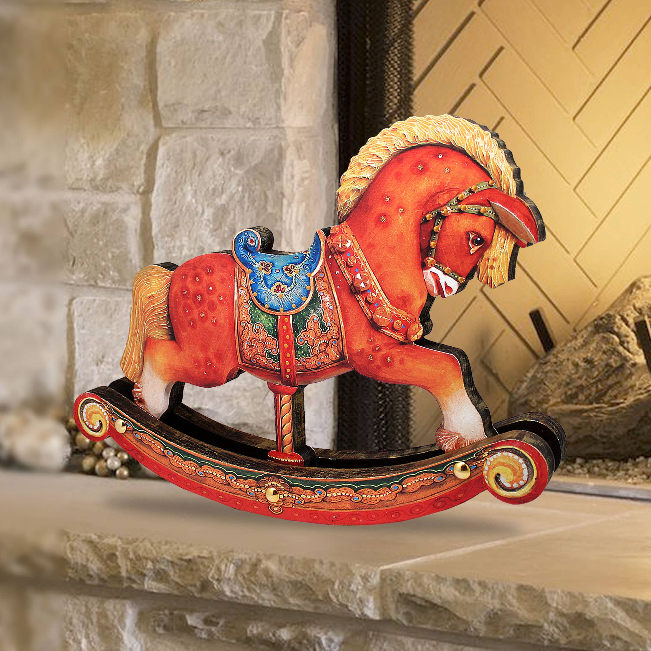 Designocracy - Wholesale Christmas Decoration - Rocking Horse Decorated Wooden Centerpiece Figurine DeBrekht5
