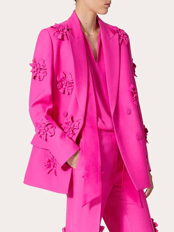 Blazer à revers de couleur unie orné de fleurs et à manches longues pour la vente par StyleGalX