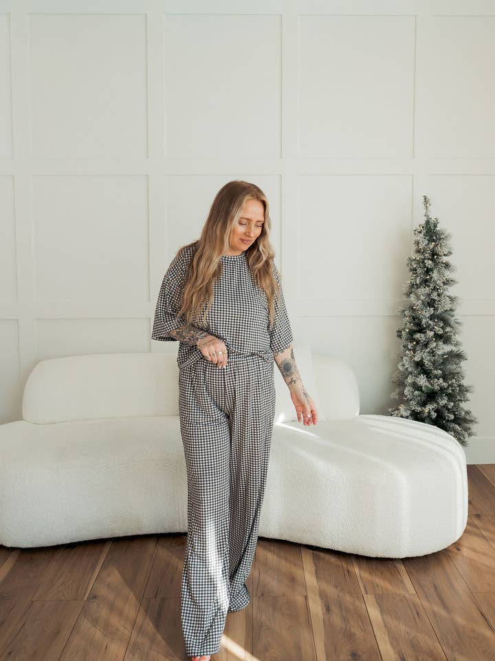 Women's Boxy Tee Lounge Set | Green Gingham for wholesale by Forever French Baby