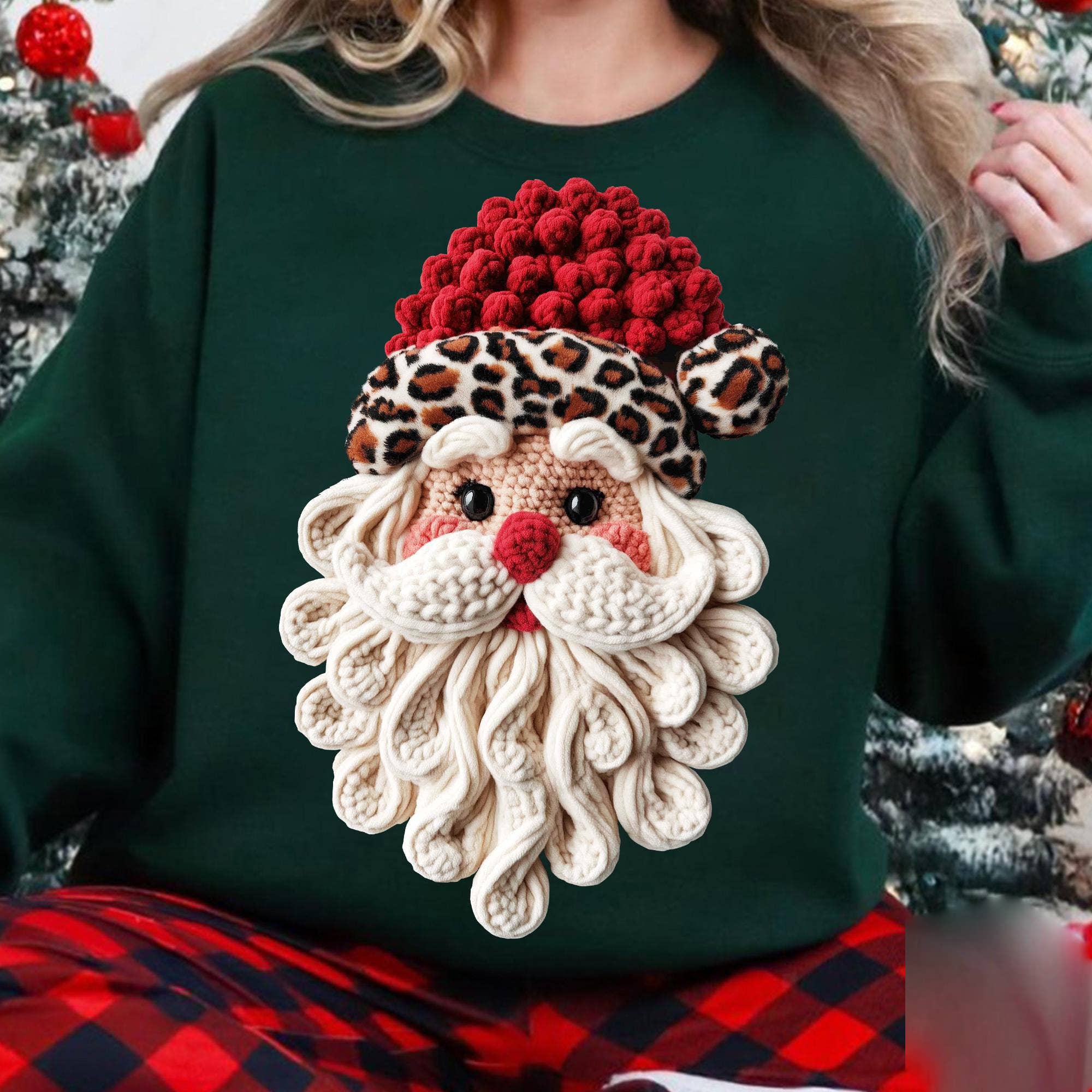 NVC Ecommerce LLC - Wholesale T-Shirt (Graphic) - Women's - Trendy Pink Yarn Faux Crochet Santa Tee, Retro Leopard Shirt1