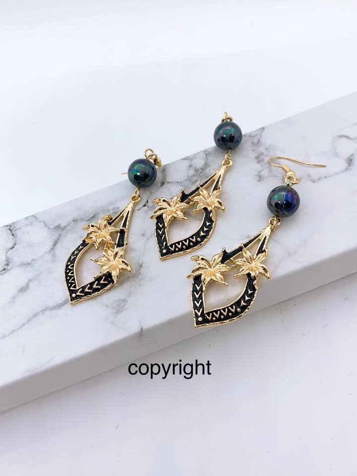 Hawaiian Black Enamel Plumeria Flowers Diamond Shape: Hamilton Gold Earring with Shell Pearls for wholesale by Anela's Jewelry