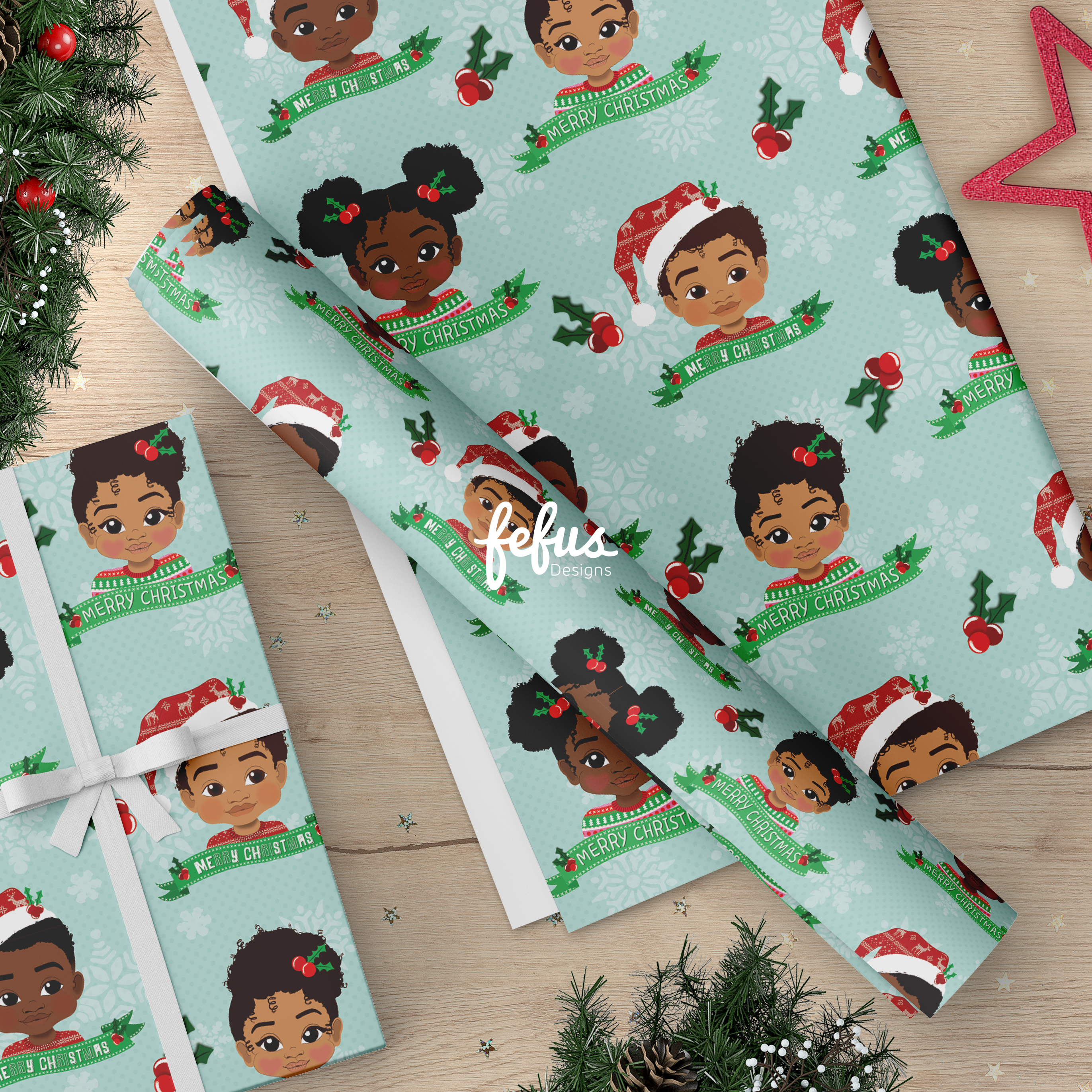 Fefus Designs - Wholesale Flat Wrap - Black Toddler Christmas Wrapping Paper 50cm x 70cm | Premium Xmas Gift Wrap | Fefus Designs1