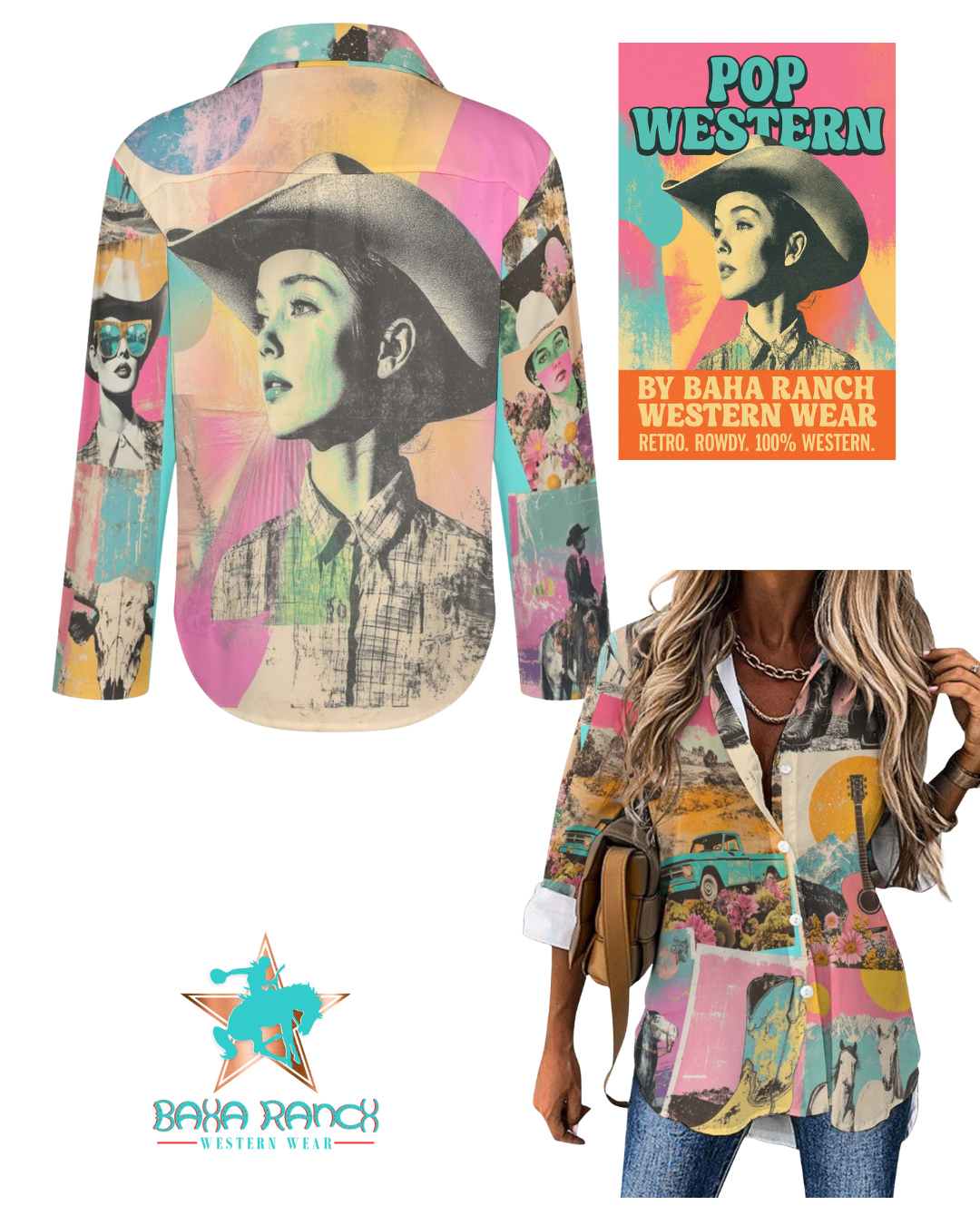 white Baha Ranch Dreamgirl Retro Pop Western Vintage Button Up Shirt for wholesale on Faire5