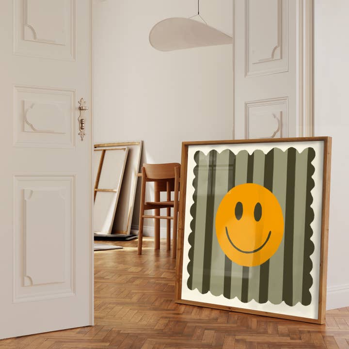 Kate Fox Design - Wholesale Art Print - Olive Stripe Smiley, Dopamine Decor, Maximalist, ColourfulÂ