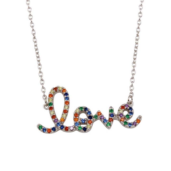 Silver 925 Rhodium Plated "Love" Word Necklace with Rainbow for wholesale by The Hailey Shop