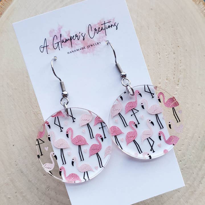 A Glamper's Creations LLC - Wholesale Dangle Earrings - Pink Flamingos 1.25 inch Circle Acrylic Earrings