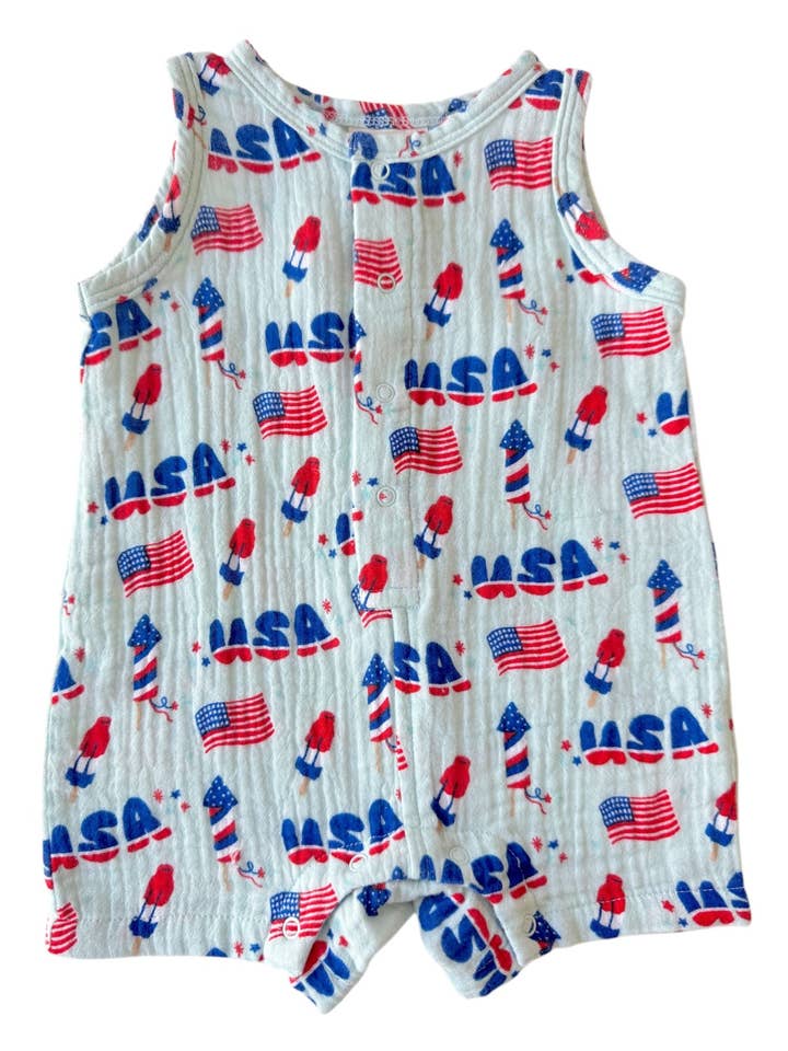 SpearmintLOVE - Wholesale Jumpsuit - Baby - Muslin Shortie Romper, 4th of July Blue