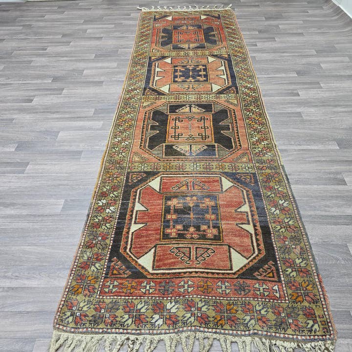 Vintage Turkish Runner Rug: Handknotted Wool Hallway Carpet, 3.4x11.5 ft for wholesale by MesopotamiaRugs
