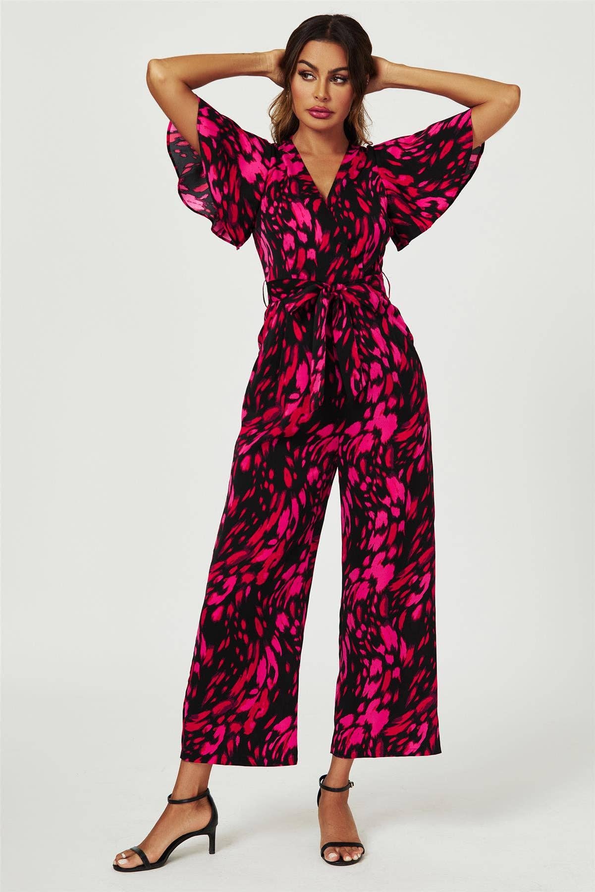 Pink Abstract Print Wrap Top Jumpsuit In Black for wholesale on Faire3
