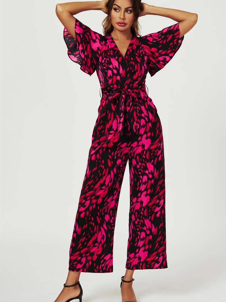 Pink Abstract Print Wrap Top Jumpsuit In Black for wholesale on Faire3