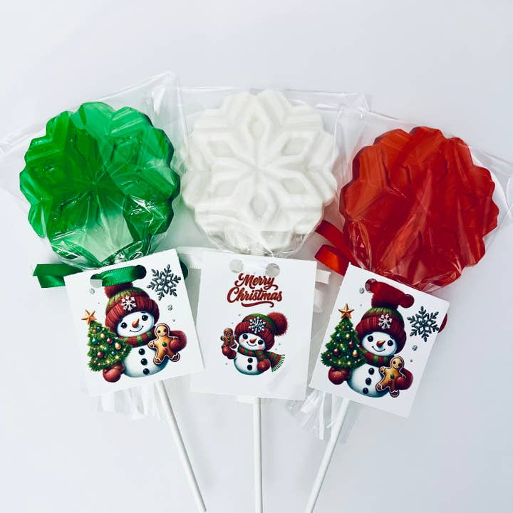 LARGE SNOWFLAKE LOLLIPOPS ON 6" STICK w/PERSONALIZED TAGS for wholesale by Lollipops by Candied Cakes