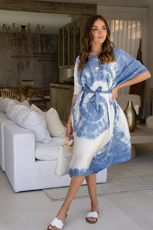 VENTI6 – wholesale Klänning - Dam – Kaftan-klänning i siden med spiral tie-dye och knytbälte4