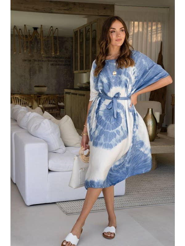 VENTI6 – wholesale Klänning - Dam – Kaftan-klänning i siden med spiral tie-dye och knytbälte4