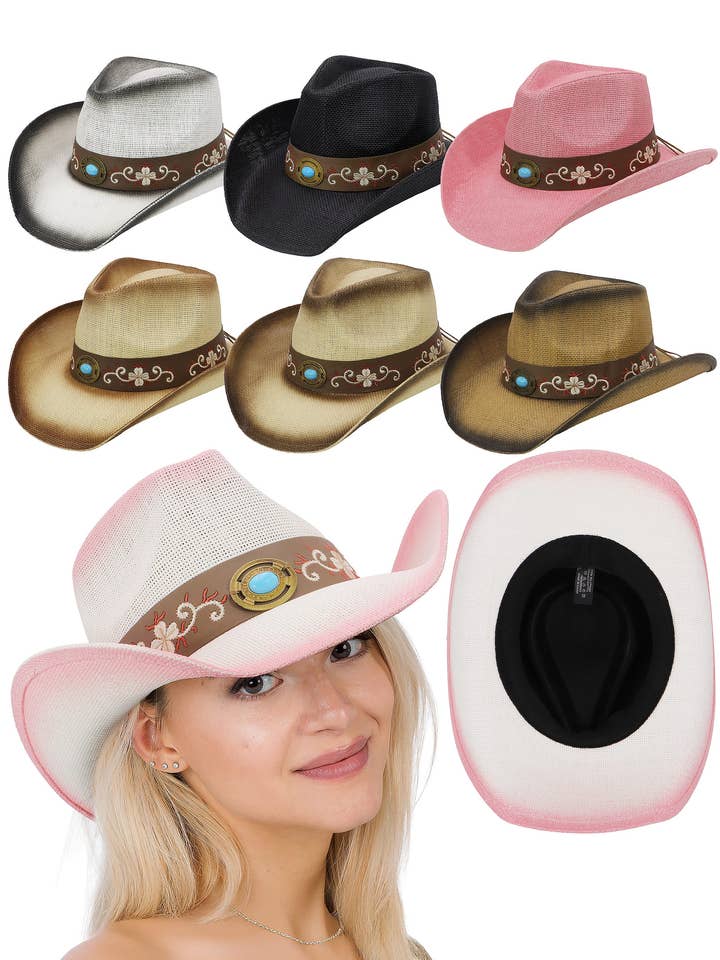 Floral Concho Belt Ombre Straw Cowboy Hat for wholesale by Cap Zone
