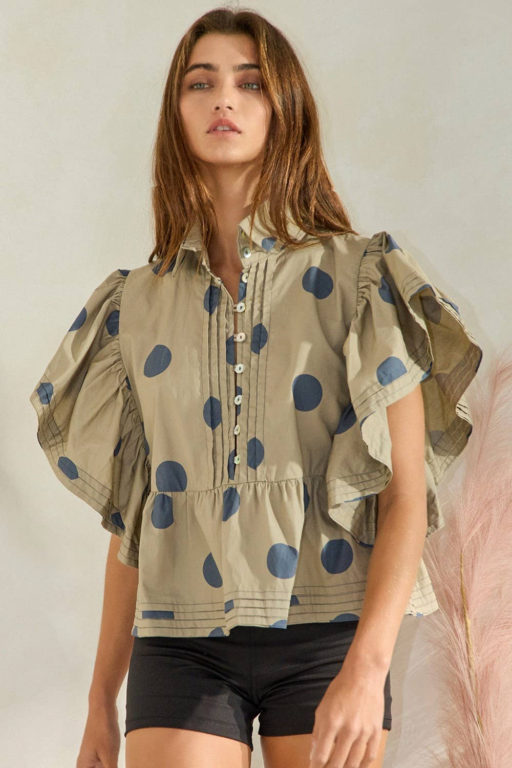 BUCKETLIST INC - Wholesale Blouse - Women's - IT2337 Ruffle Sleeves Pintuck Detail Polka Dot Print top32