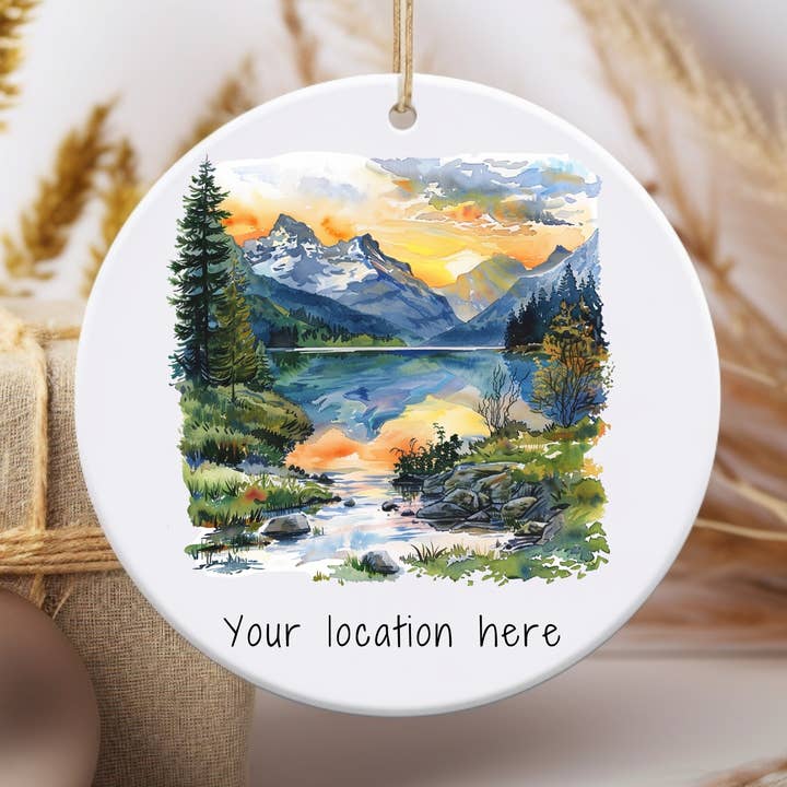 Name Drop Mountain and Lake Christmas Ornament Personalized for wholesale by Stad Woodlands