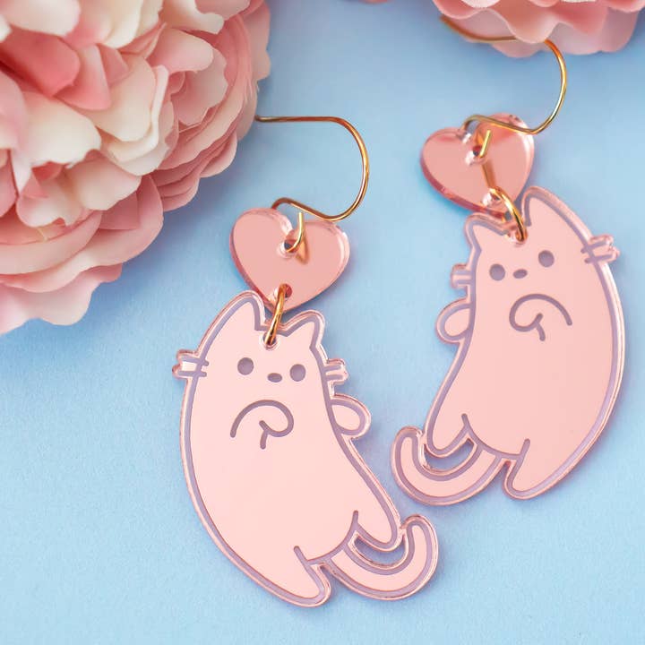 Pink Cute Cat Earrings, Animal Jewelry, Handmade Dangles for wholesale by Momenti di Vita