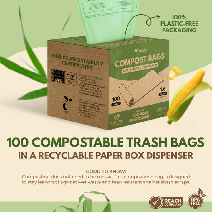 AIRNEX - Wholesale Trashcan/Trash Bin - Compostable Trash Bags 1.6 Gal - Box of 100 Compost Bin Bags