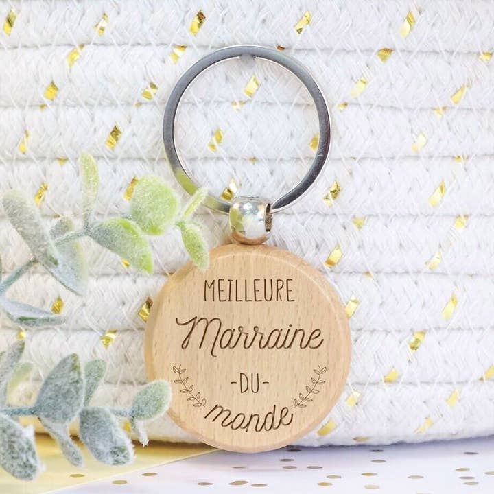 “Best Godmother” round wooden keychain for wholesale by Ourson Câlin