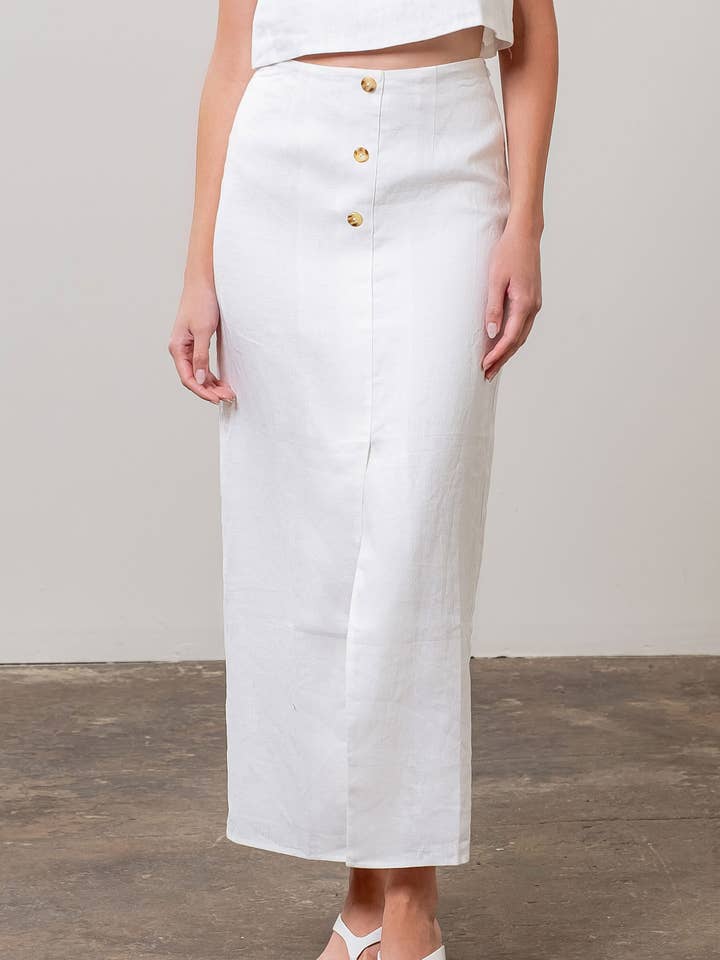 Midi nederdel i hør med høj talje og knapper foran for engroshandel hos Moon River