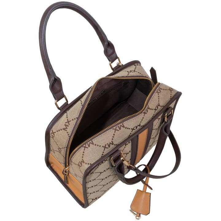 NATURAL Max Studio Signature Print Jacquard Satchel Bag for wholesale on Faire