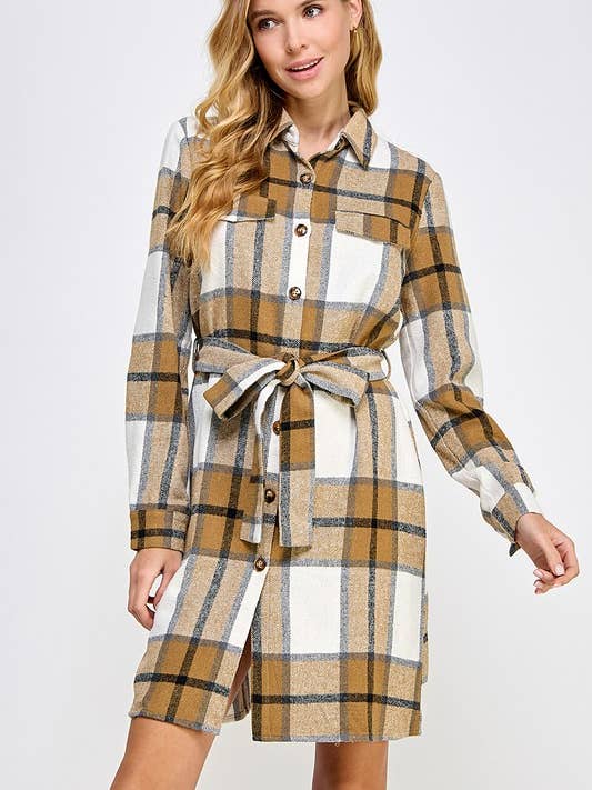 Belted Plaid Cardigan Shirt Jacket for wholesale by Vanilla Monkey