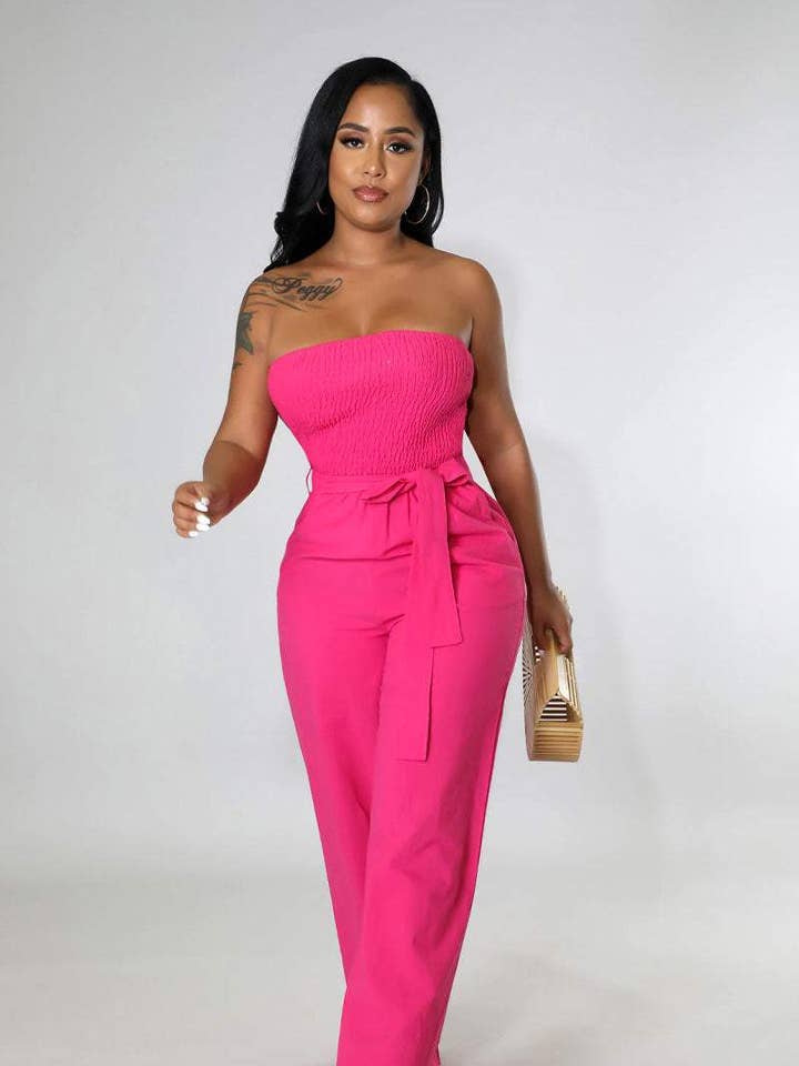 tube sleeveless open back wide leg jumpsuit for wholesale by Fashion Combination