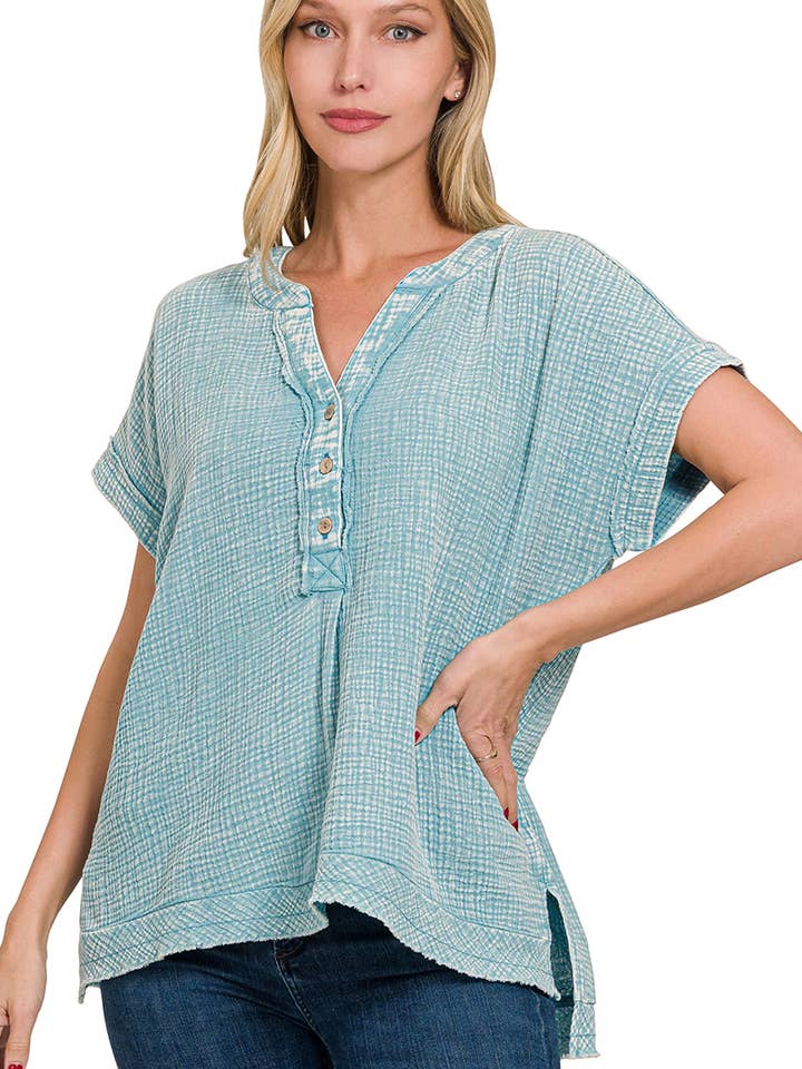 `"WASHED DOUBLE GAUZE HENLEY NECK SHORT SLEEVE SHIRT for wholesale by 42POPS