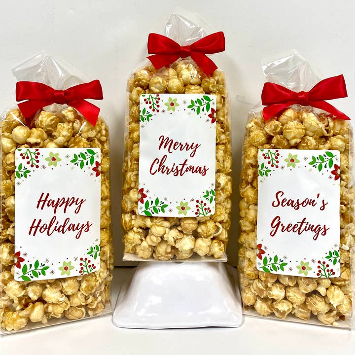 Holiday Caramel Popcorn 8oz Ribbon Bags for wholesale by Popsations Popcorn Company