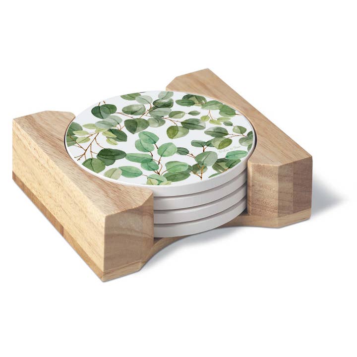 Eucalyptus Round Stone Coasters w/Wooden Coaster Holder for wholesale by Conimar Promotions