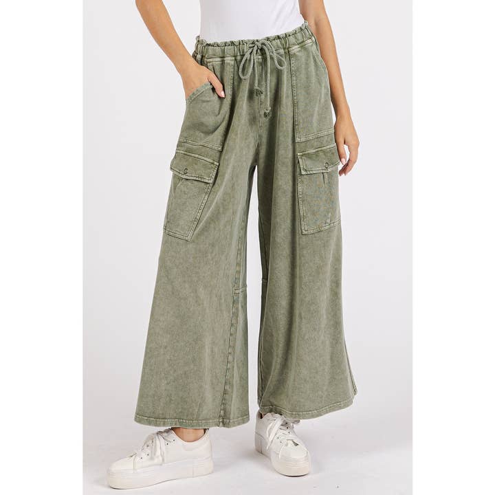 mittoshop - Wholesale Pants - Women's - WASHED FRENCH TERRY CARGO ELASTIC WAIST WIDE LEG PANTS