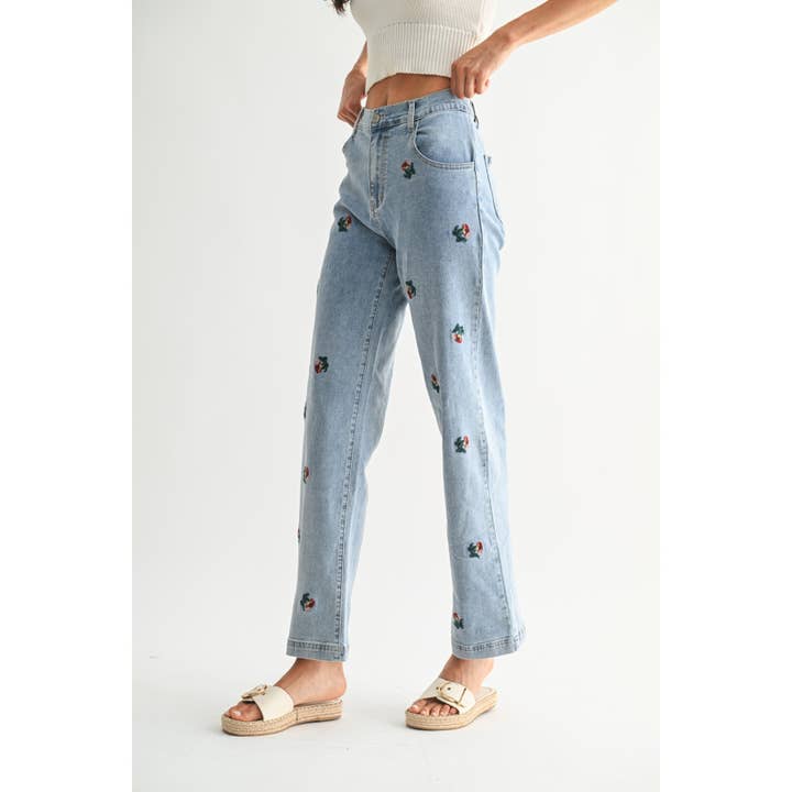 MEDIUM WASH EXQUISITE EMBROIDERED DENIM JEANS for wholesale on Faire