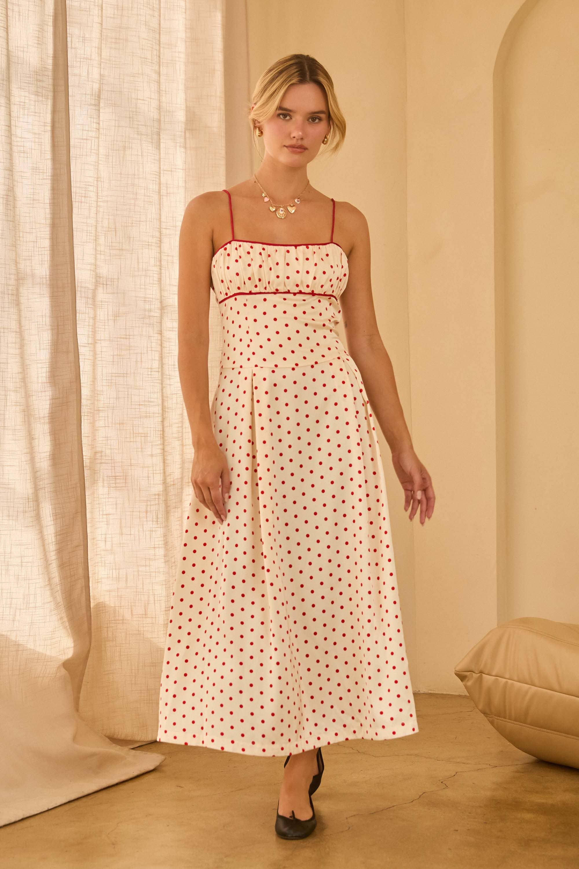 White Red Sleeveless Polka Dot Midi Dress with Contrast Piping for wholesale on Faire3