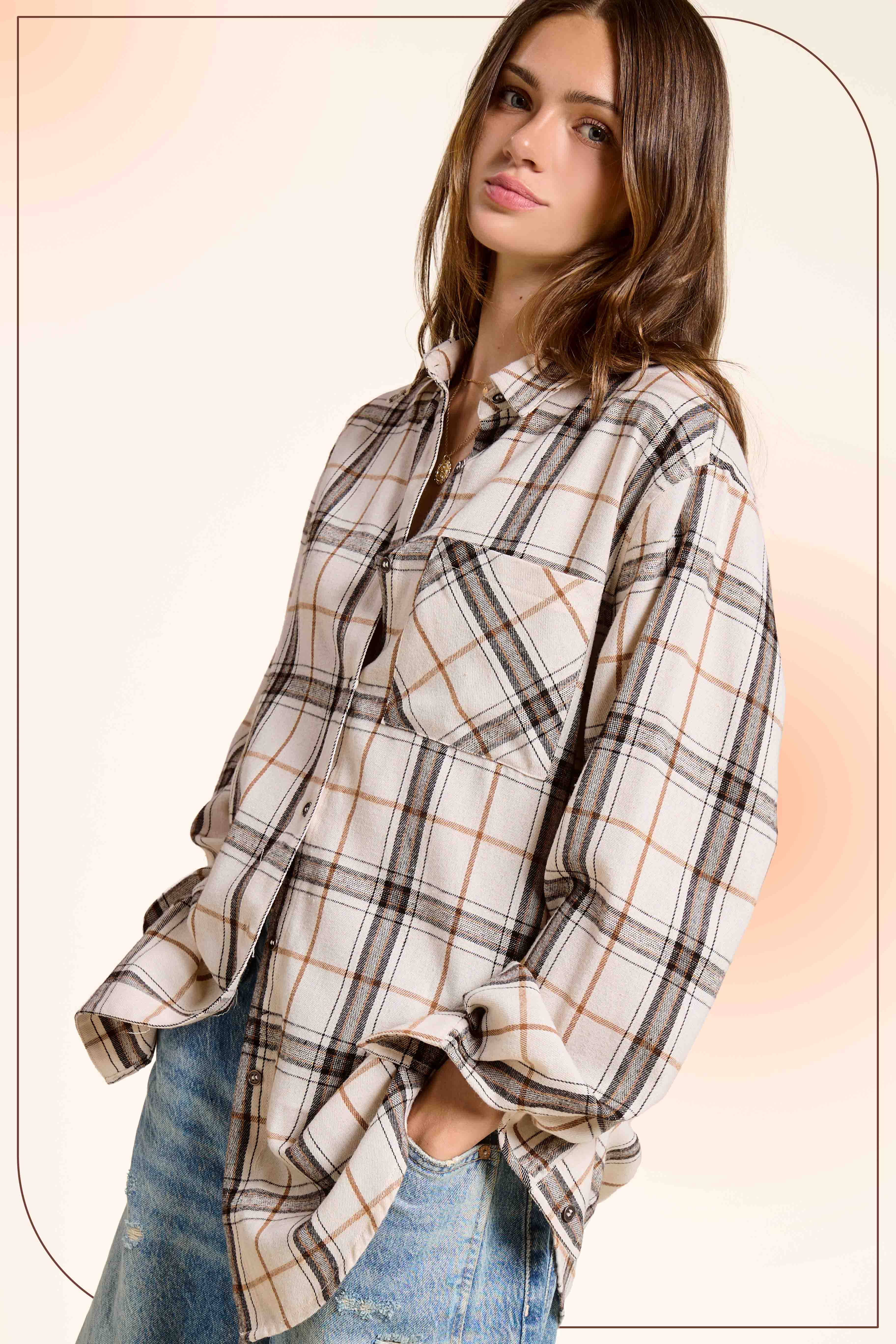 La Miel - Wholesale Button Down Shirt - Women's - SRT1312-Loose Fit Button Down Soft Fabric Plaid Shirts22
