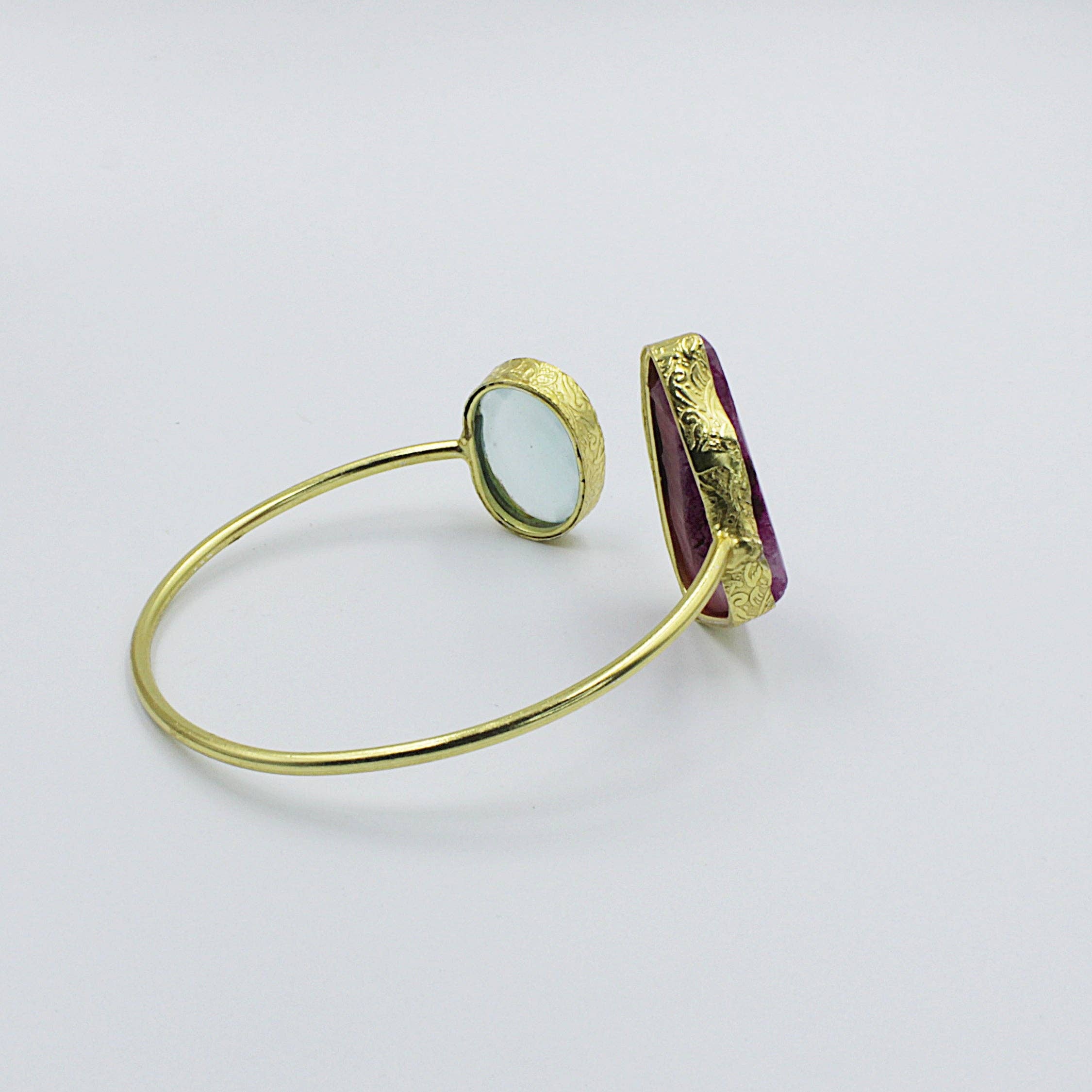 LA MAR - Wholesale Cuff Bracelet - Bracelet with 2 stones, pink and sky blue - chalcedony and agate quartz gold-plated5