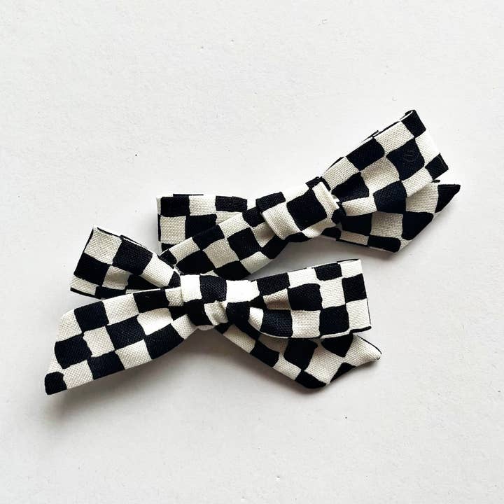 Black & White Checkered Pigtail Bows for wholesale by Lady Eleanor & Co