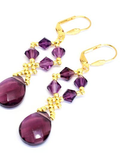 Genuine Austrian Crystal Teardrop Dangle Earrings - Amethyst & Gold for wholesale by Chic Brico