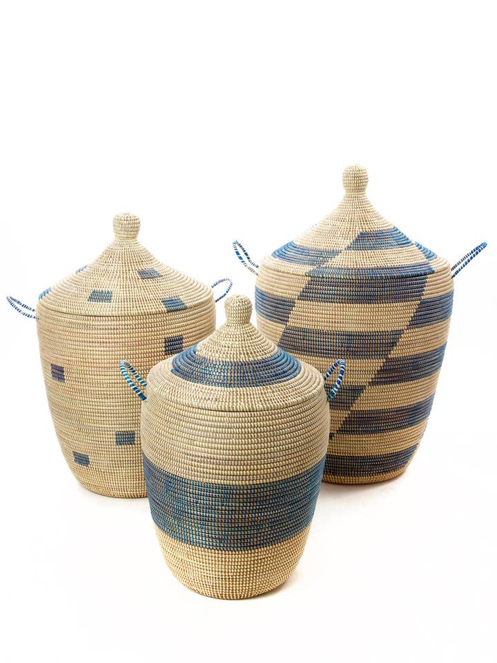 Set of Three Blue and Cream Mixed Pattern Hampers for wholesale by African Modern