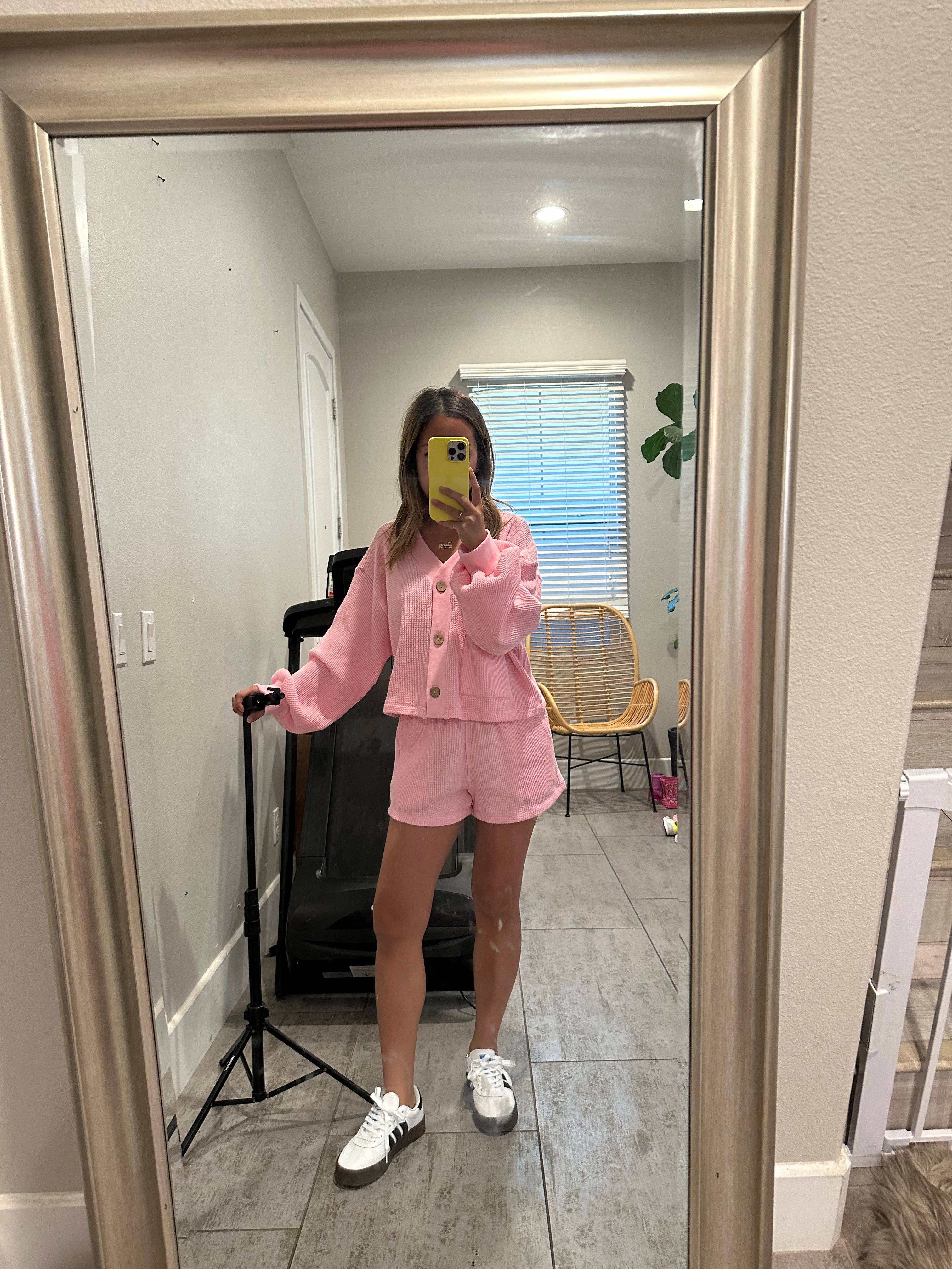 Lauryn Co – wholesale Lounge set – Women's – MAMA CARDI WAFFLE TOP + SHORTS SET (BARBIE PINK)1