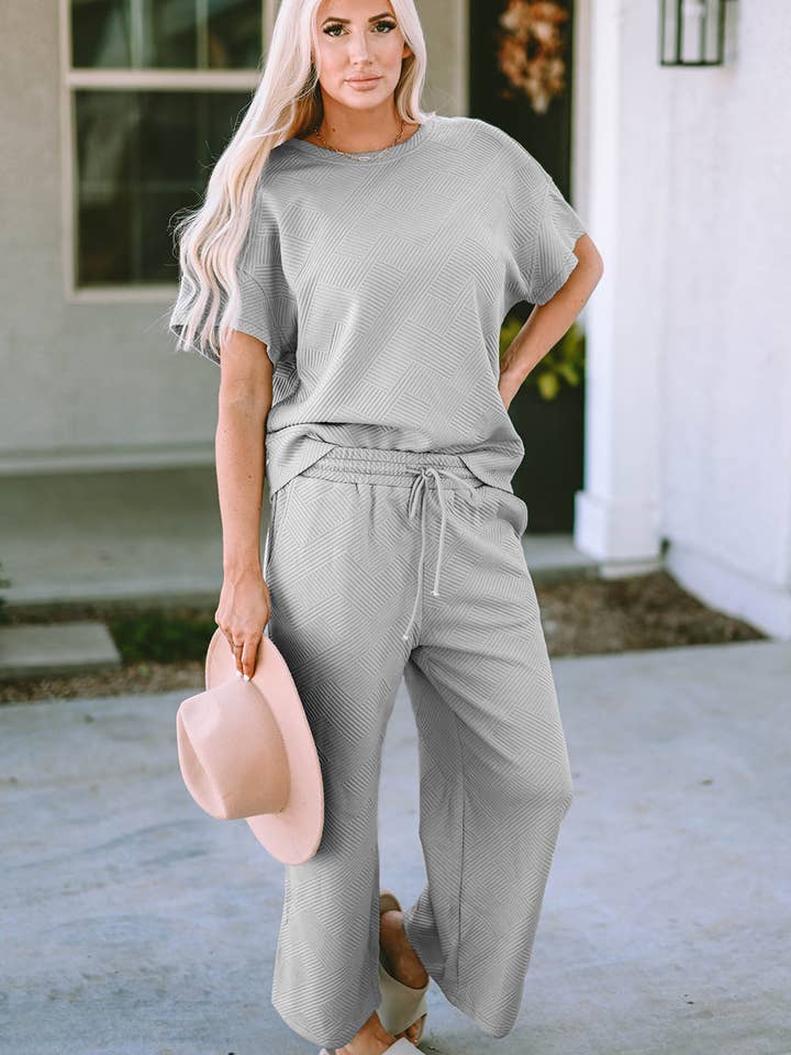 FB Solid Textured T-Shirt and Drawstring Pants Set for wholesale by FASHION BLVD